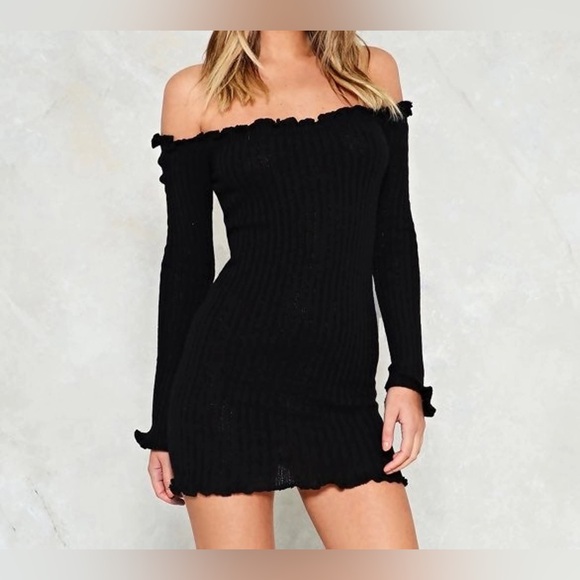 Nasty Gal Dresses & Skirts - Nasty Gal Black Ribbed Cold Shoulder Mini Dress, Size Small